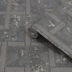 Boutique Black Geometric Metallic Effect Textured Wallpaper