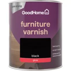 GoodHome Black Gloss Multi-surface Furniture Wood Varnish, 750ml -Hammerite Shop goodhome black gloss multi surface furniture wood varnish 750ml5059340486932 02c