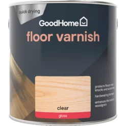 GoodHome Clear Gloss Floor Wood Varnish, 2.5L -Hammerite Shop goodhome clear gloss floor wood varnish 2 5l5059340486949 02c
