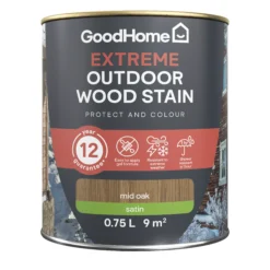 GoodHome Extreme Outdoor Mid Oak Satin Quick Dry Wood Stain, 750ml -Hammerite Shop goodhome extreme outdoor mid oak satin quick dry wood stain 750ml5059340297491 02c