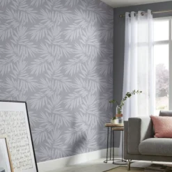 GoodHome Loroco Grey Leaves Silver Effect Textured Wallpaper -Hammerite Shop goodhome loroco grey leaves silver effect textured wallpaper3663602561118 02i bq