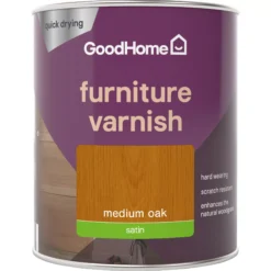 GoodHome Medium Oak Satin Multi-surface Furniture Wood Varnish, 750ml -Hammerite Shop goodhome medium oak satin multi surface furniture wood varnish 750ml5059340486802 02c