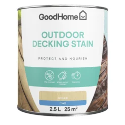 GoodHome Natural Matt Quick Dry Decking Wood Stain, 2.5L -Hammerite Shop goodhome natural matt quick dry decking wood stain 2 5l5059340297149 02c