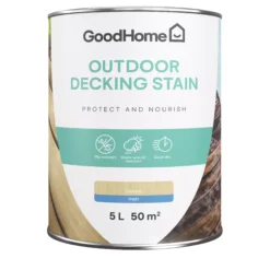 GoodHome Natural Matt Quick Dry Decking Wood Stain, 5L -Hammerite Shop goodhome natural matt quick dry decking wood stain 5l5059340297194 02c