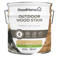 GoodHome Outdoor Light Oak Satin Quick Dry Wood Stain, 2.5L -Hammerite Shop goodhome outdoor light oak satin quick dry wood stain 2 5l5059340297453 02c