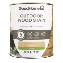 GoodHome Outdoor Light Oak Satin Quick Dry Wood Stain, 750ml -Hammerite Shop goodhome outdoor light oak satin quick dry wood stain 750ml5059340297392 02c