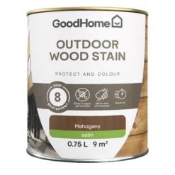 GoodHome Outdoor Mahogany Satin Quick Dry Wood Stain, 750ml -Hammerite Shop goodhome outdoor mahogany satin quick dry wood stain 750ml5059340297422 02c