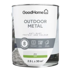 GoodHome Outdoor White Satinwood Exterior Metal Paint, 2.5L Tin -Hammerite Shop goodhome outdoor white satinwood exterior metal paint 2 5l tin5059340296111 02c