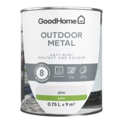 GoodHome Outdoor White Satinwood Exterior Metal Paint, 750ml Tin -Hammerite Shop goodhome outdoor white satinwood exterior metal paint 750ml tin5059340296067 02c