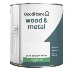 GoodHome Pure Brilliant White Eggshell Metal & Wood Paint, 2.5L -Hammerite Shop goodhome pure brilliant white eggshell metal wood paint 2 5l5059340285245 02c