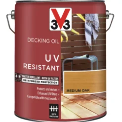 V33 Medium Oak UV Resistant Decking Wood Oil, 5L -Hammerite Shop v33 medium oak uv resistant decking wood oil 5l3153895163101 03c