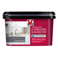 V33 Renovation Charcoal Grey Satinwood Cupboard & Cabinet Paint, 2L -Hammerite Shop v33 renovation charcoal grey satinwood cupboard cabinet paint 2l3153895181099 08c bq