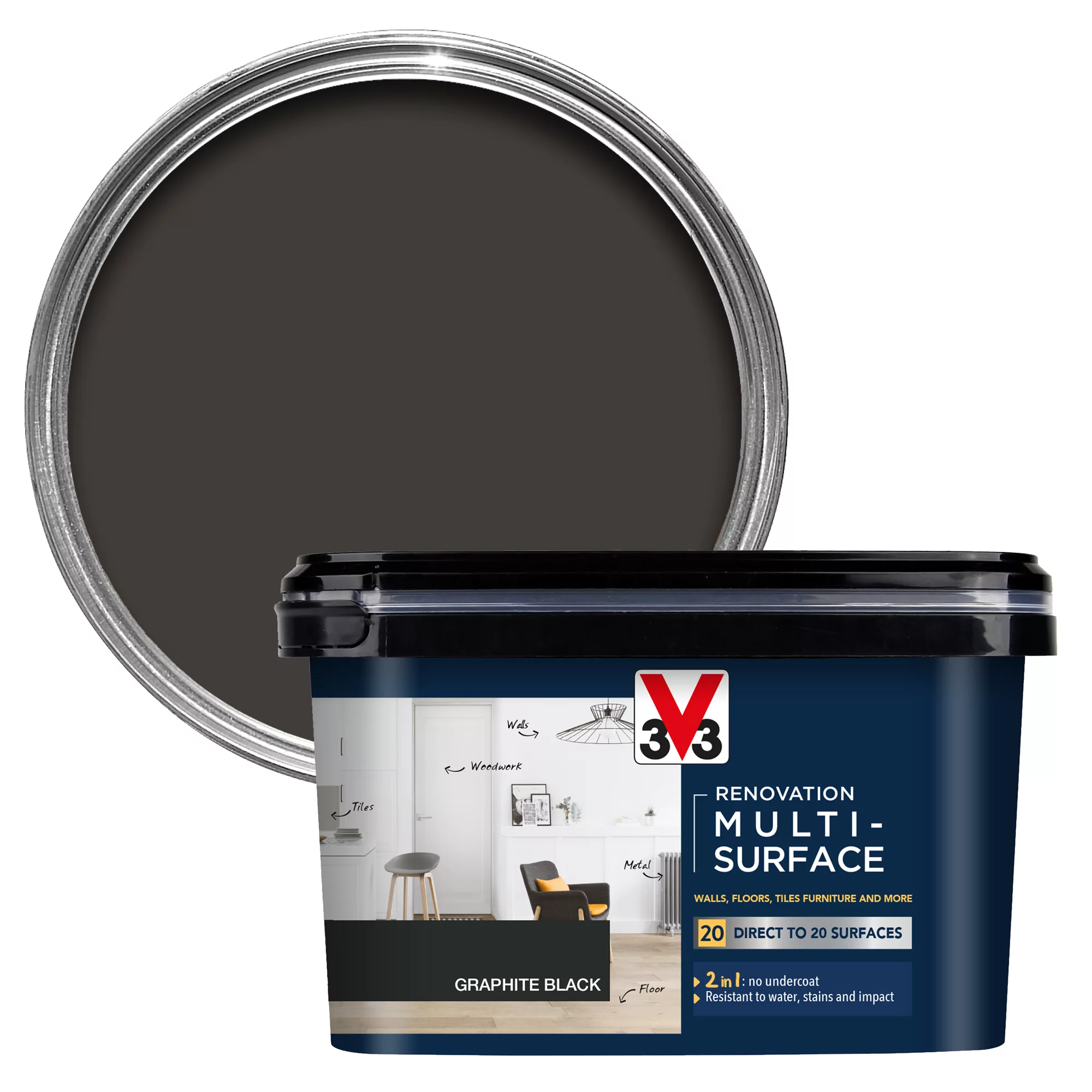 V33 Renovation Graphite Black Satinwood Multi-surface Paint, 2L 3 V33 Renovation Graphite Black Satinwood Multi-surface Paint, 2L