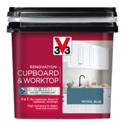 V33 Renovation Petrol Blue Satinwood Cupboard & Cabinet Paint, 750ml -Hammerite Shop v33 renovation petrol blue satinwood cupboard cabinet paint 750ml3153895181006 08c bq