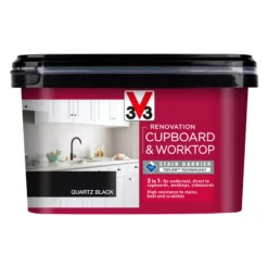 V33 Renovation Quartz Black Satinwood Cupboard & Cabinet Paint, 2L -Hammerite Shop v33 renovation quartz black satinwood cupboard cabinet paint 2l3153895181112 08c bq