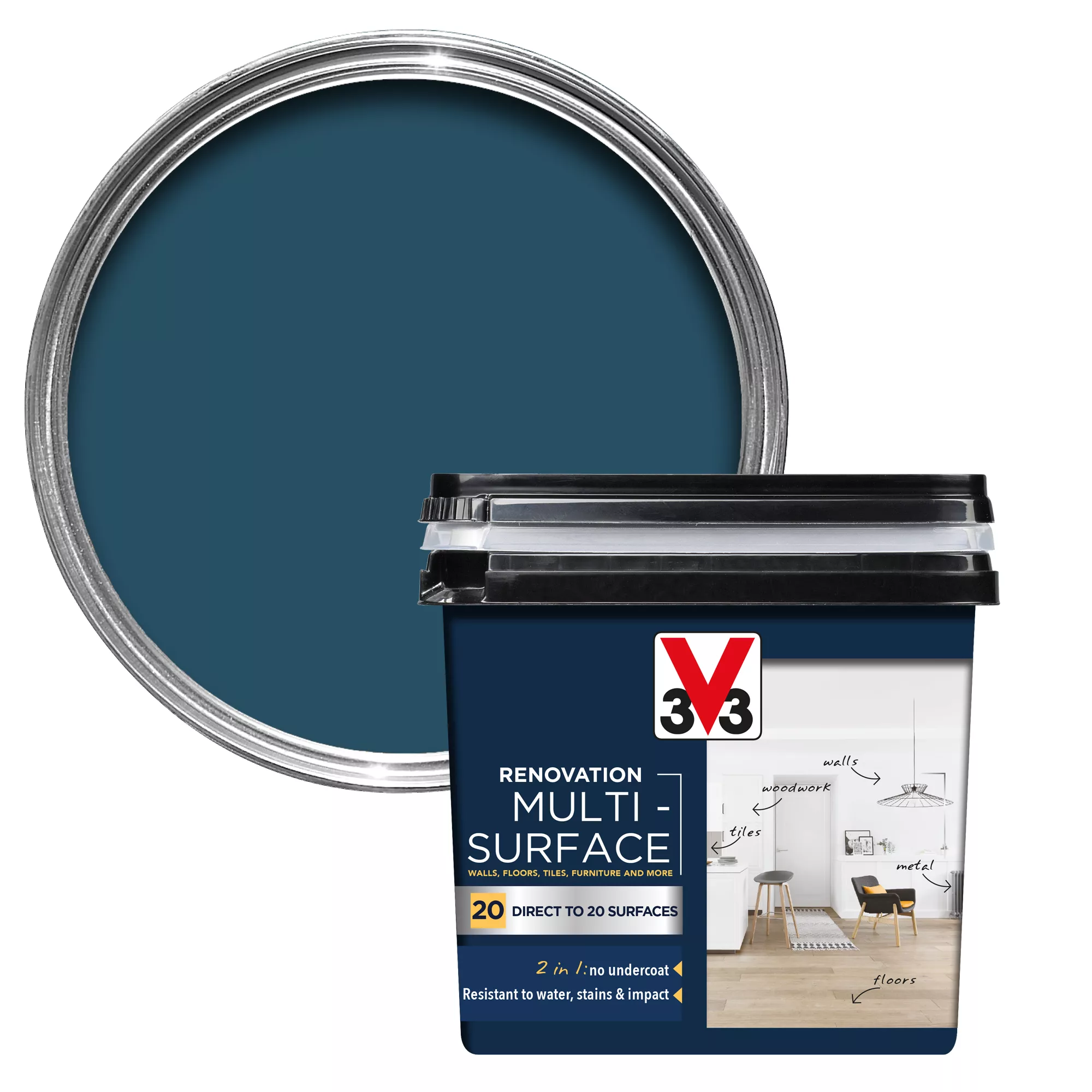 V33 Renovation Turquin Blue Satinwood Multi-surface Paint, 750ml 3 V33 Renovation Turquin Blue Satinwood Multi-surface Paint, 750ml