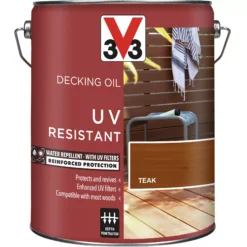 V33 Teak UV Resistant Decking Wood Oil, 5L -Hammerite Shop v33 teak uv resistant decking wood oil 5l3153895163118 03c
